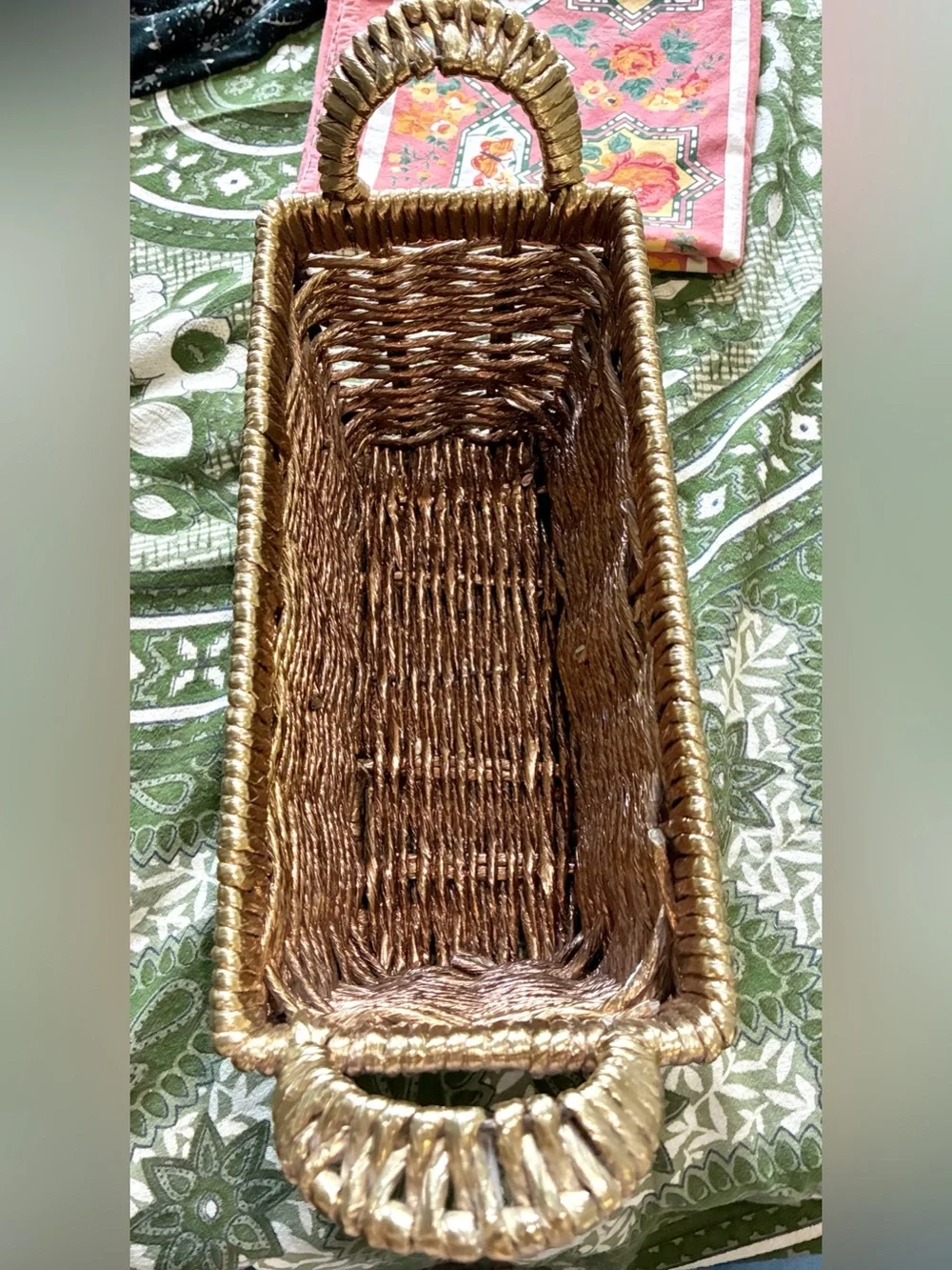 Metallic Gold Woven Abaca Rope Basket, Late 20th Century Rectangle with Handles.